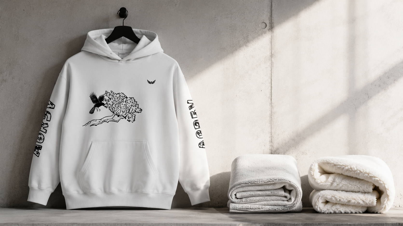 White AGR5V oversized hoodie displayed beside French Terry and brushed fleece fabric samples comparing hoodie materials.