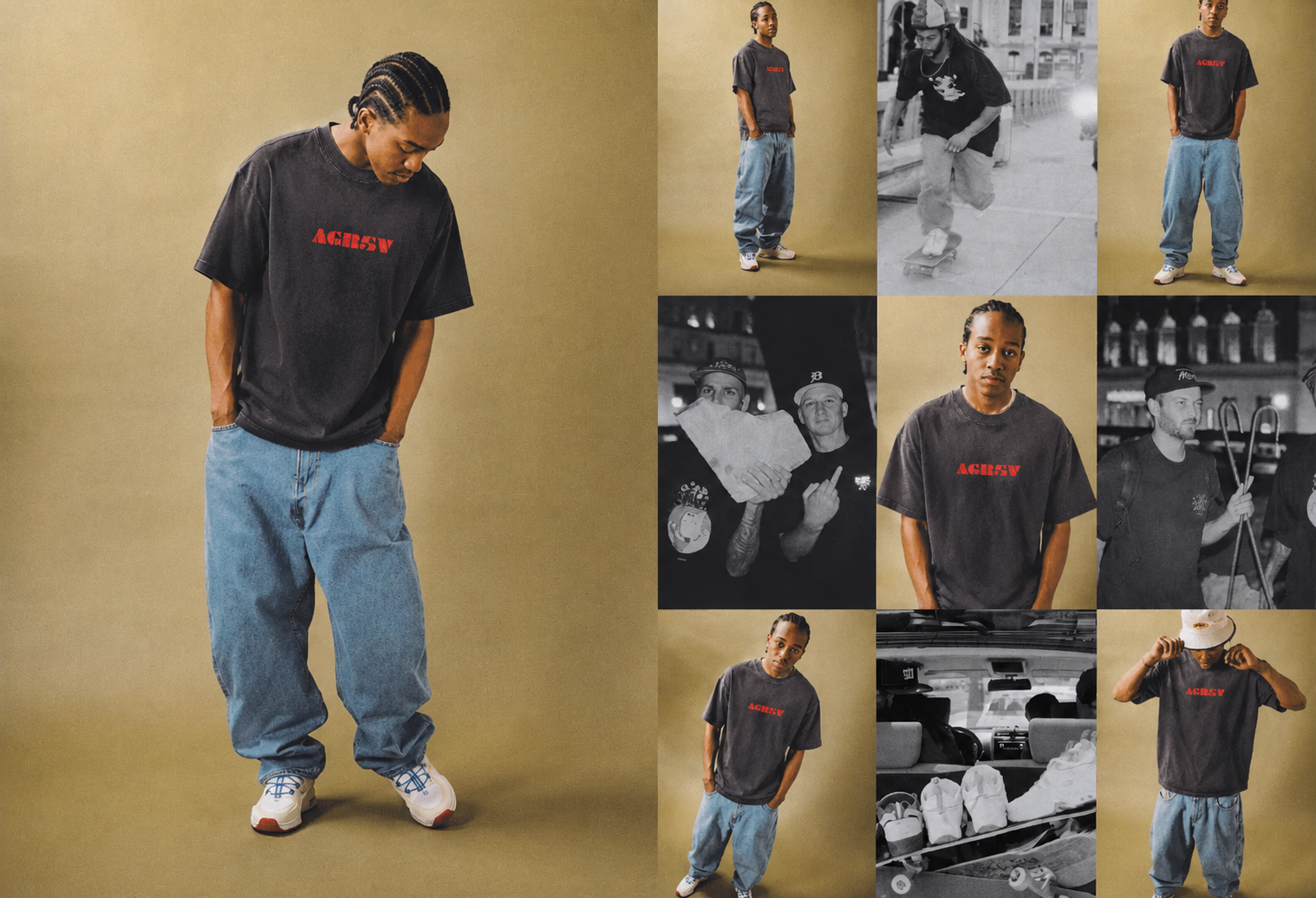 Model wearing an oversized vintage wash streetwear T-shirt with baggy jeans, showcasing modern Australian streetwear style for 2026.