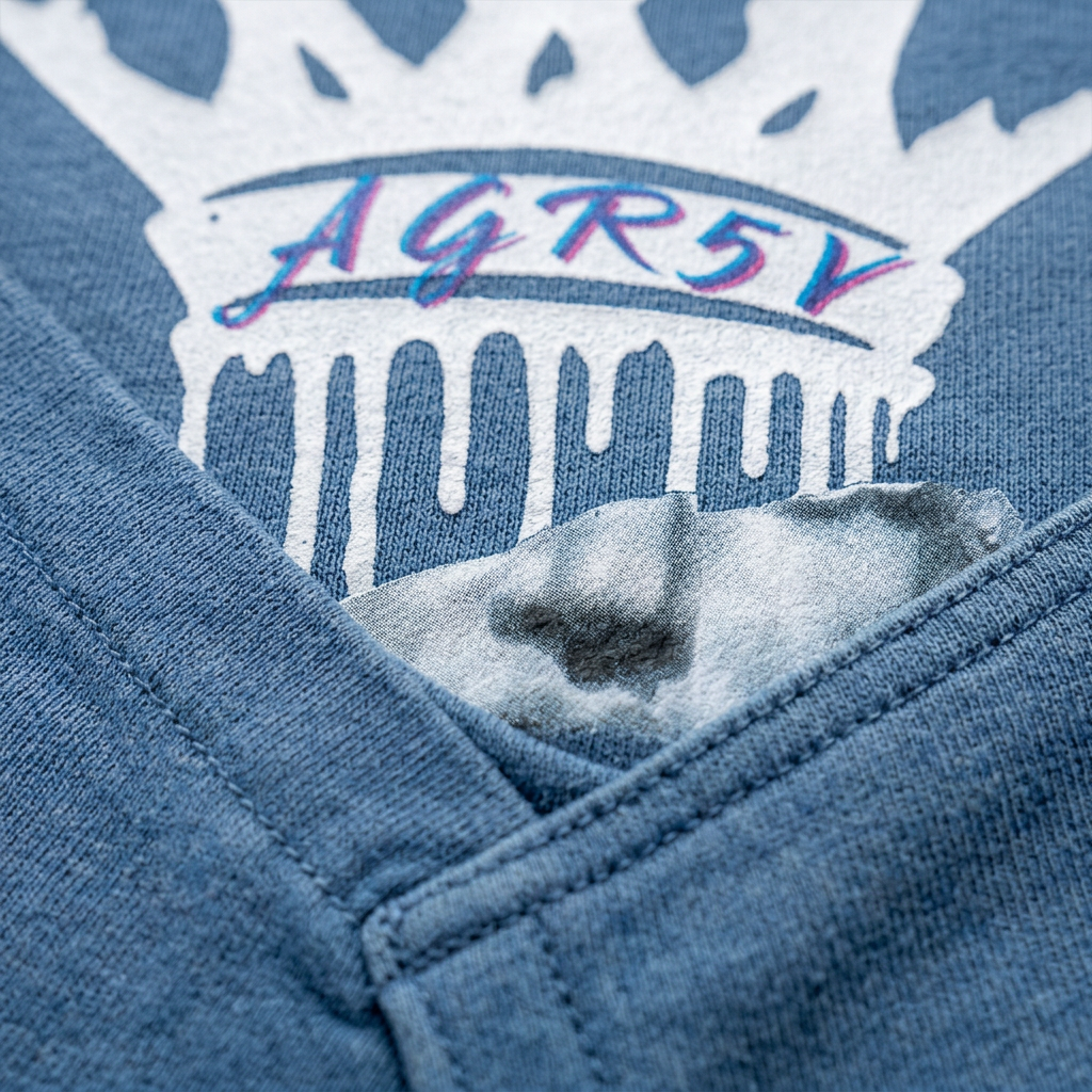 Close-up of AGR5V blue cotton hoodie with white crown graphic and drawstring detail