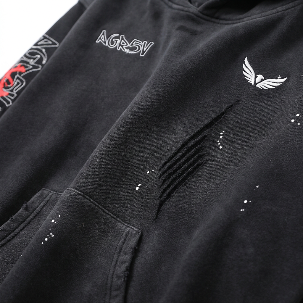 Close-up of AGR5V Vintage Washed Frayed Fleece Hoodie showing heavyweight 360gsm fleece texture and frayed detailing