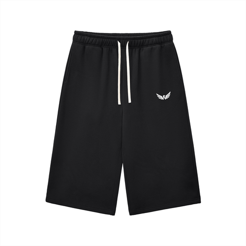 Black Relaxed Drawstring Three-Quarter Sweatpants – front view | unisex streetwear | AGR5V