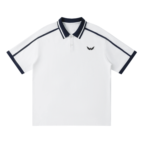 White Contrast Piping Polo Shirt – front view | unisex streetwear | AGR5V