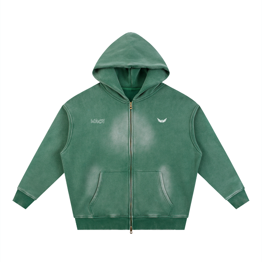 AGR5V Sunfade Two-Way Zip Boxy Fleece Hoodie in Green – Front View Zipped