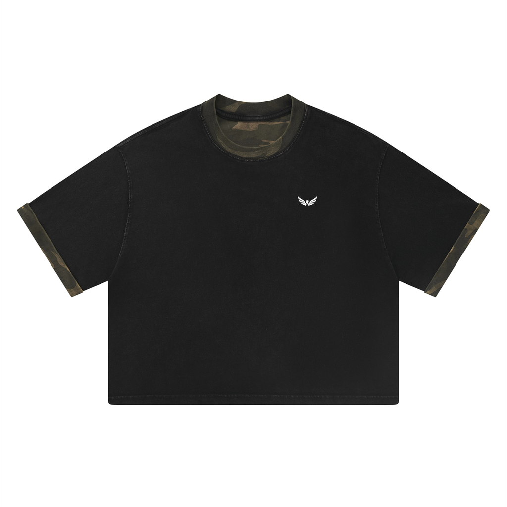 AGR5V Mineral Washed Boxy Panel Tee in Black – Front View Camo Panel Variant