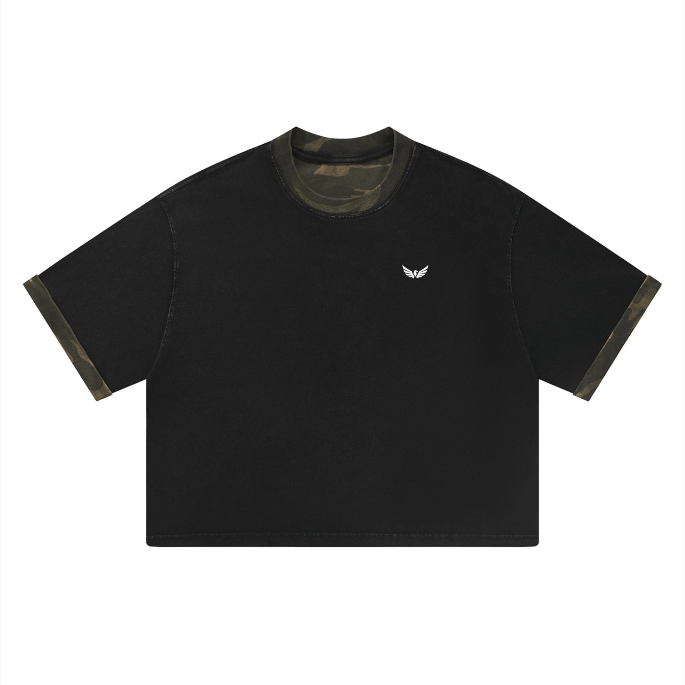 AGR5V Mineral Washed Boxy Panel Tee in Black – Front View Camo Panel Variant