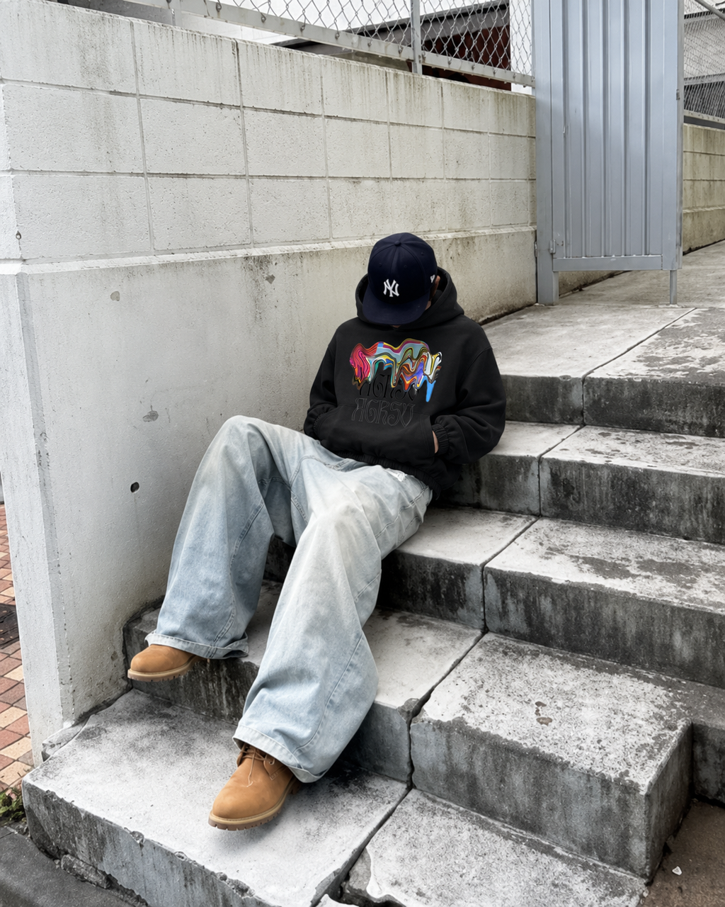Black Boxy Cinched Hem Hoodie – lifestyle shot | unisex streetwear | AGR5V