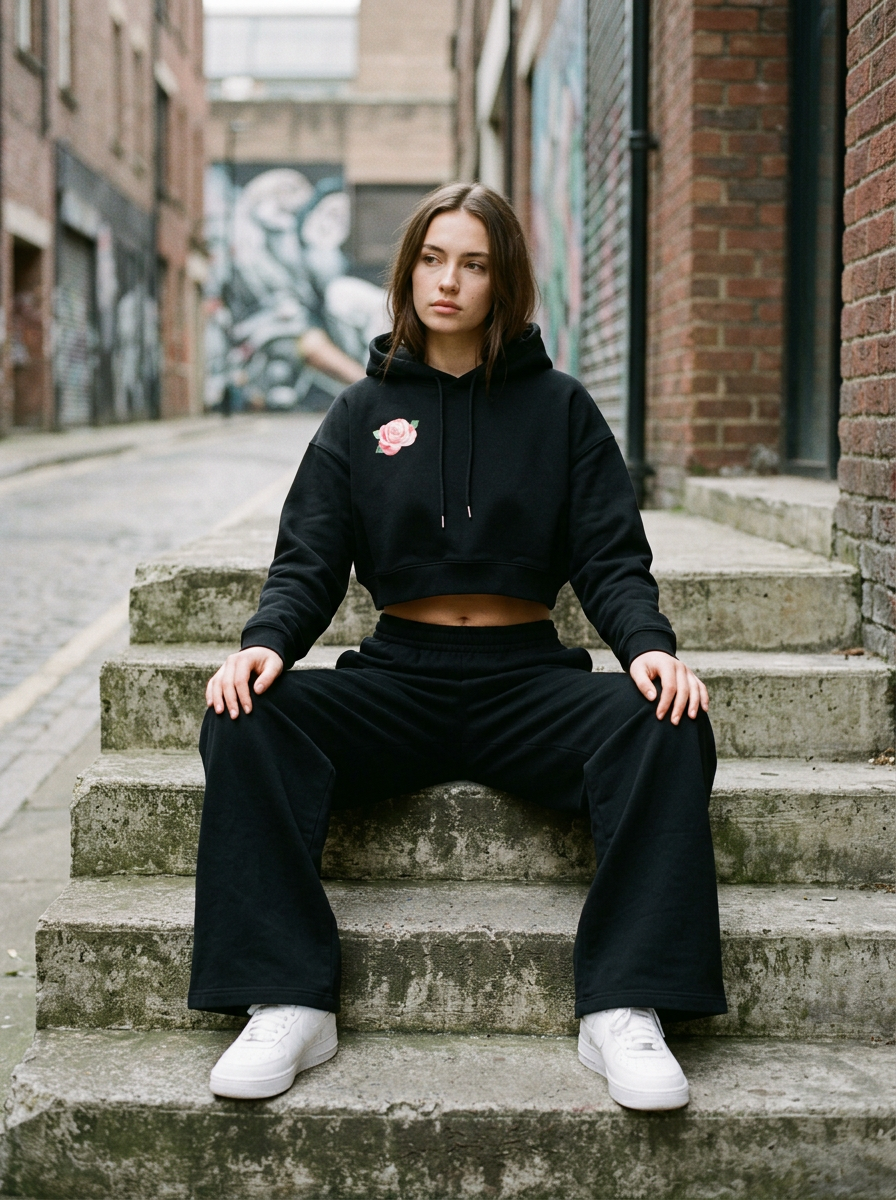 Cropped Fleece Hoodie – Relaxed Women's Fit in Black