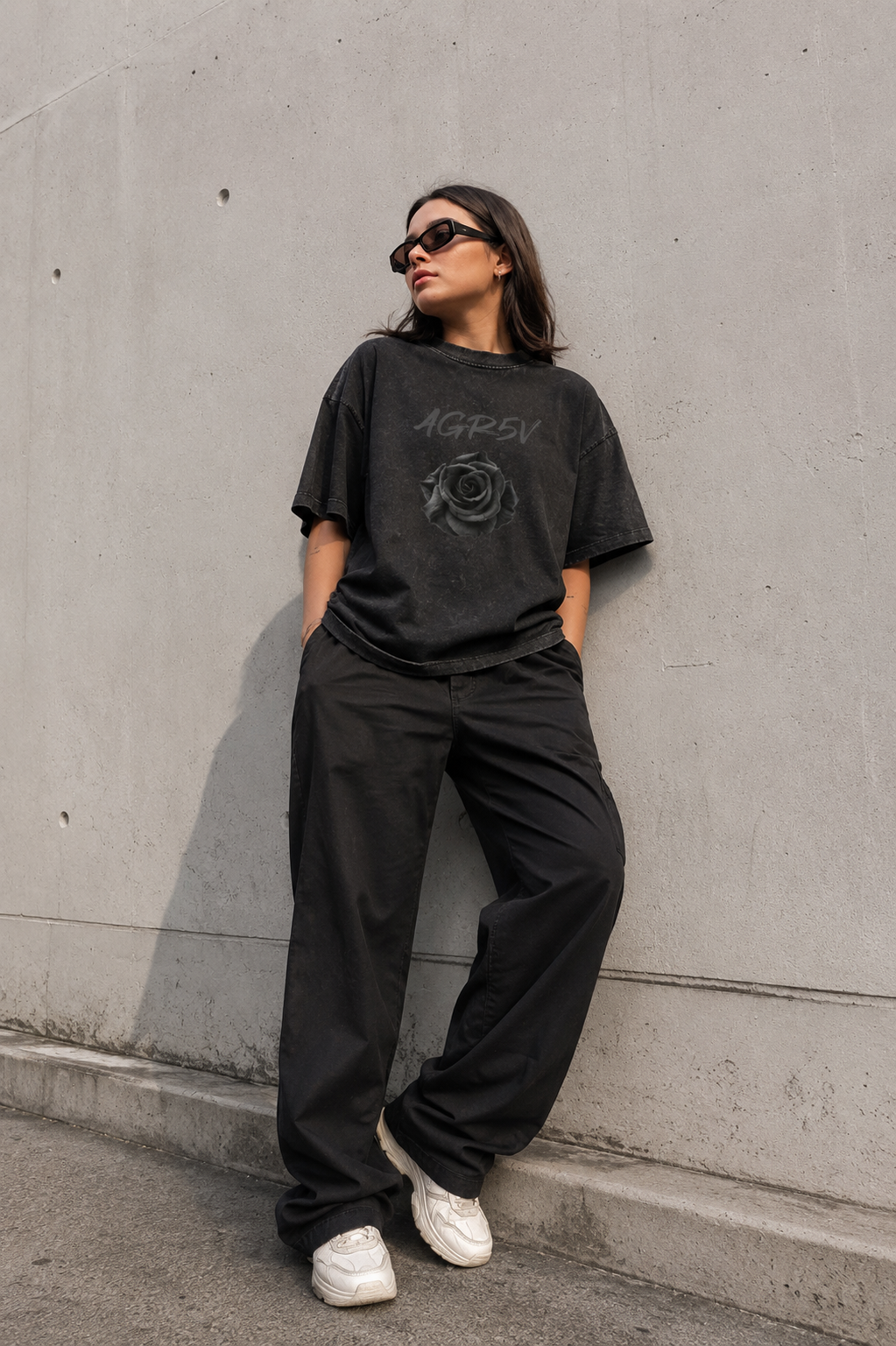 Vintage Wash Drop Shoulder Tee – Oversized Women's Fit in Black