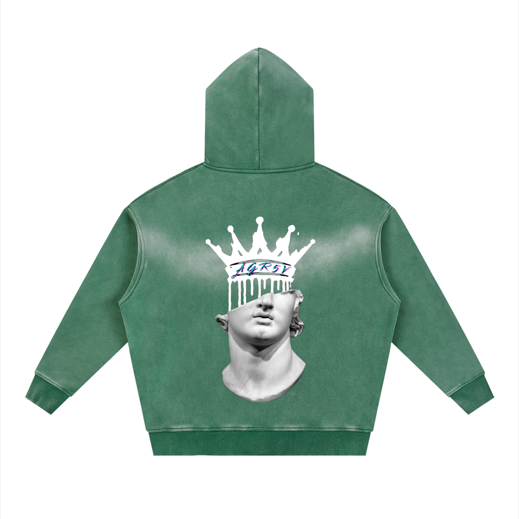 AGR5V Sunfade Two-Way Zip Boxy Fleece Hoodie in Green – Back Graphic Print