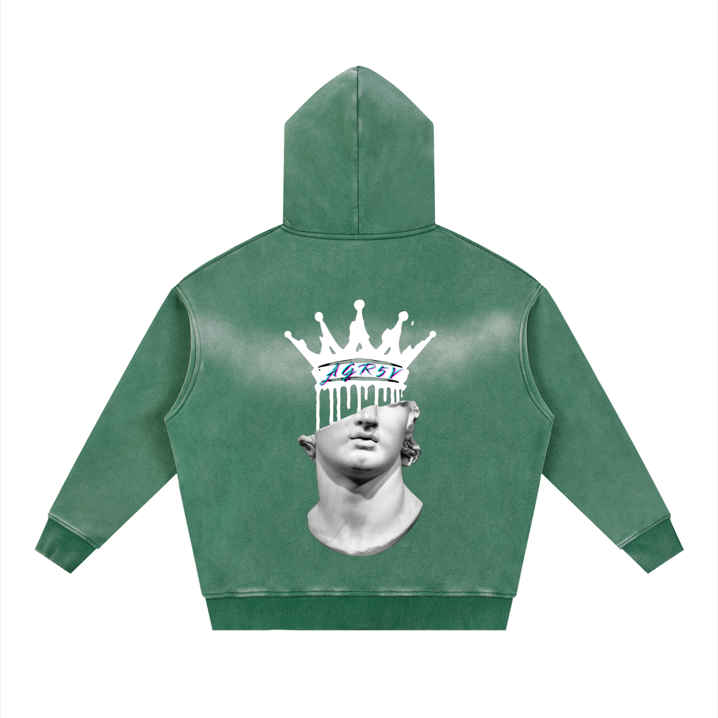 AGR5V Sunfade Two-Way Zip Boxy Fleece Hoodie in Green – Back Graphic Print