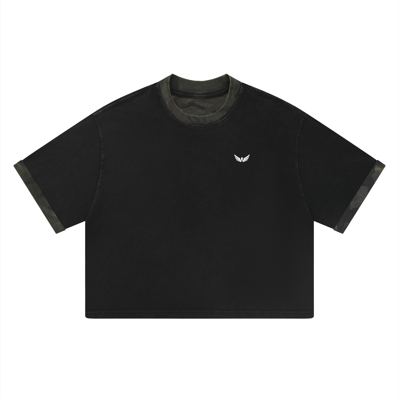 AGR5V Mineral Washed Boxy Panel Tee in Black – Front View with Contrast Panel Detail